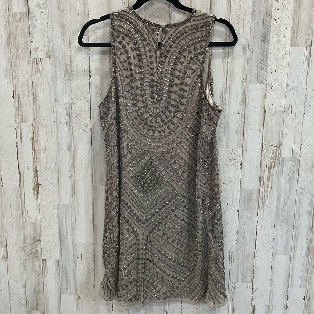 Parker 100% Silk Fully Beaded Allegra Mini Dress Taupe/Gold Size M - Picture 2 of 8